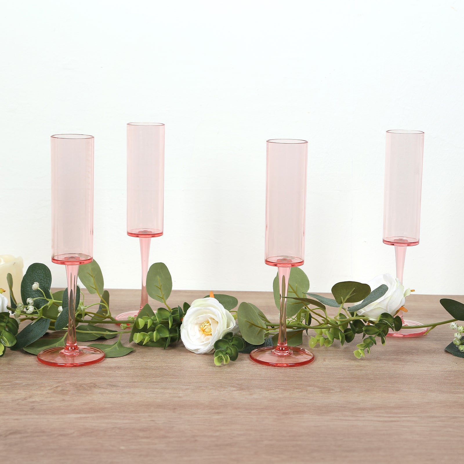 6-Pack Transparent Blush Plastic Champagne Flute Glasses 6oz, Cylindrical Shape with Long Stems - Reusable Wine Mimosa Goblets 9.5" Tall